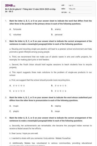 Bộ 5 đề thi giữa kì 1 Tiếng Anh 12 năm 2024-2025 có đáp án - Đề 3