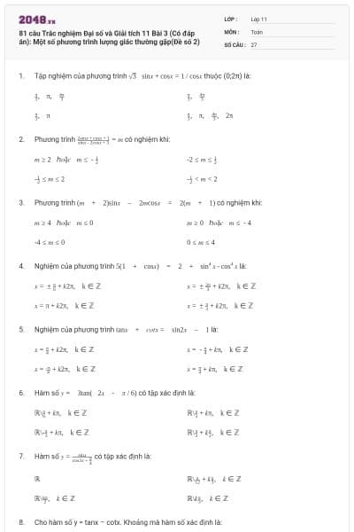 81 câu Trắc nghiệm Đại số và Giải tích 11 Bài 3 (Có đáp án): Một số phương trình lượng giác thường gặp(Đề số 2)