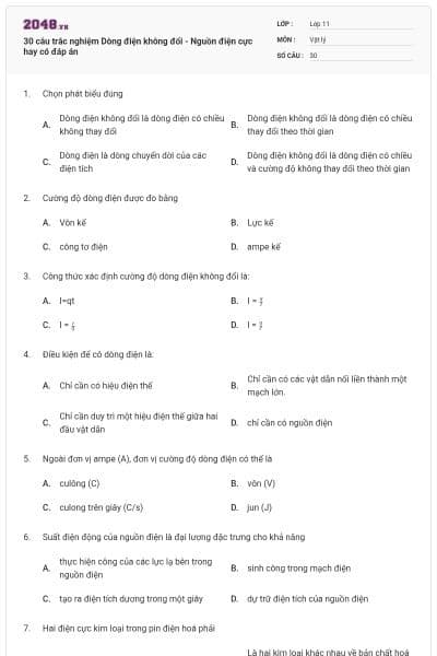 30 câu trắc nghiệm Dòng điện không đổi - Nguồn điện cực hay có đáp án
