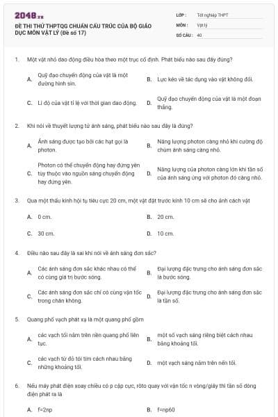 ĐỀ THI THỬ THPTQG CHUẨN CẤU TRÚC CỦA BỘ GIÁO DỤC MÔN VẬT LÝ (Đề số 17)