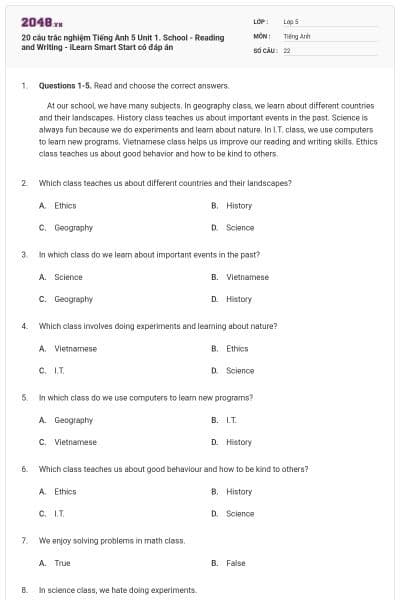 20 câu trắc nghiệm Tiếng Anh 5 Unit 1. School - Reading and Writing - iLearn Smart Start có đáp án