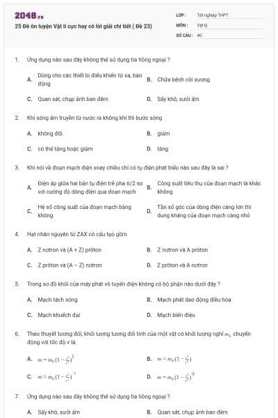 25 Đề ôn luyện Vật lí cực hay có lời giải chi tiết ( Đề 23)