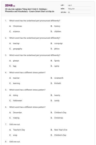 20 câu trắc nghiệm Tiếng Anh 5 Unit 2. Holidays - Phonetics and Vocabulary - iLearn Smart Start có đáp án