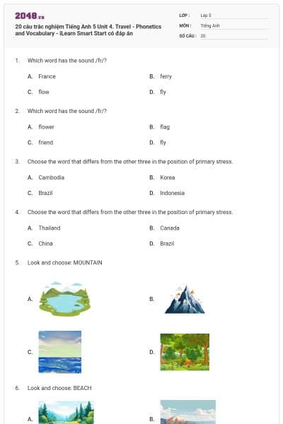 20 câu trắc nghiệm Tiếng Anh 5 Unit 4. Travel - Phonetics and Vocabulary - iLearn Smart Start có đáp án