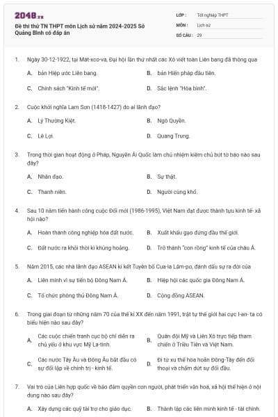 Đề thi thử TN THPT môn Lịch sử năm 2024-2025 Sở Quảng Bình có đáp án