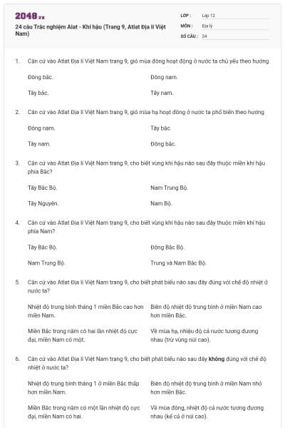 24 câu Trắc nghiệm Alat - Khí hậu (Trang 9, Atlat Địa lí Việt Nam)