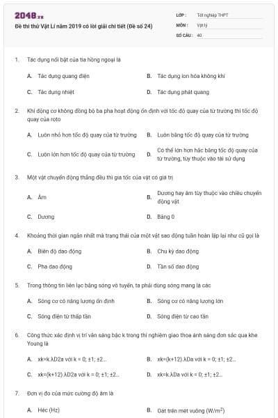 Đề thi thử Vật Lí năm 2019 có lời giải chi tiết (Đề số 24)