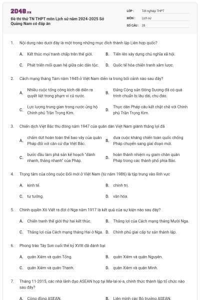 Đề thi thử TN THPT môn Lịch sử năm 2024-2025 Sở Quảng Nam có đáp án