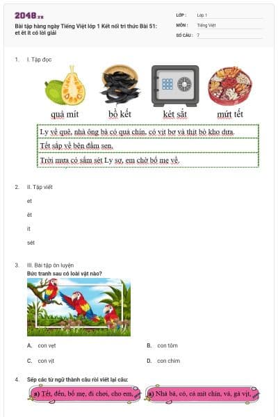 Bài tập hàng ngày Tiếng Việt lớp 1 Kết nối tri thức Bài 51: et êt it có lời giải