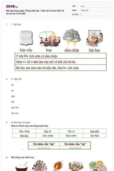 Bài tập hàng ngày Tiếng Việt lớp 1 Kết nối tri thức Bài 54: op ôp ơp có lời giải