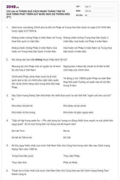 220 câu về THÀNH QUẢ CÁCH MẠNG THÁNG TÁM VÀ QUÁ TRÌNH PHÁT TRIỂN ĐẤT NƯỚC MỨC ĐỘ THÔNG HIỂU (P1)