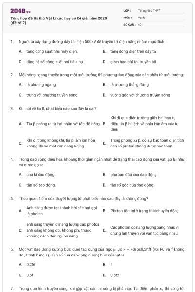 Tổng hợp đề thi thử Vật Lí cực hay có lời giải năm 2020 (đề số 2)