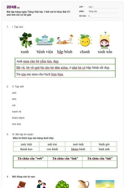 Bài tập hàng ngày Tiếng Việt lớp 1 Kết nối tri thức Bài 57: anh ênh inh có lời giải