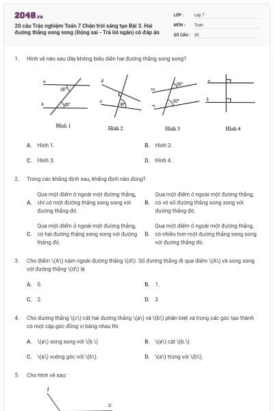 20 câu Trắc nghiệm Toán 7 Chân trời sáng tạo Bài 3. Hai đường thẳng song song (Đúng sai - Trả lời ngắn) có đáp án