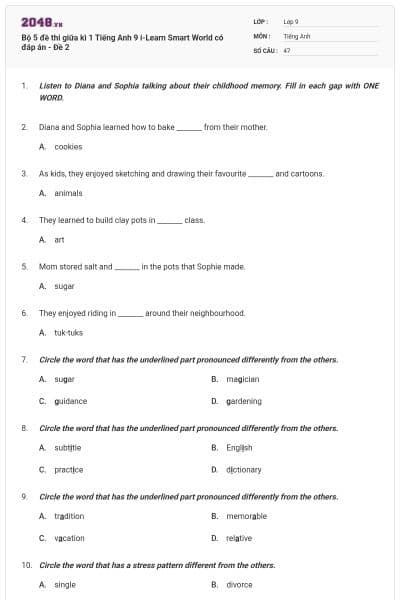 Bộ 5 đề thi giữa kì 1 Tiếng Anh 9 i-Learn Smart World có đáp án - Đề 2
