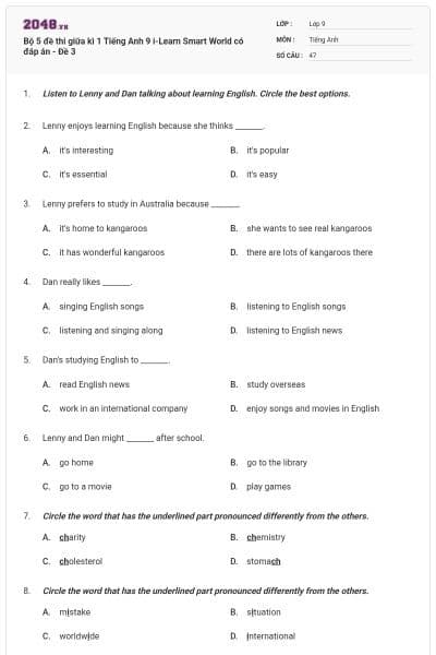 Bộ 5 đề thi giữa kì 1 Tiếng Anh 9 i-Learn Smart World có đáp án - Đề 3