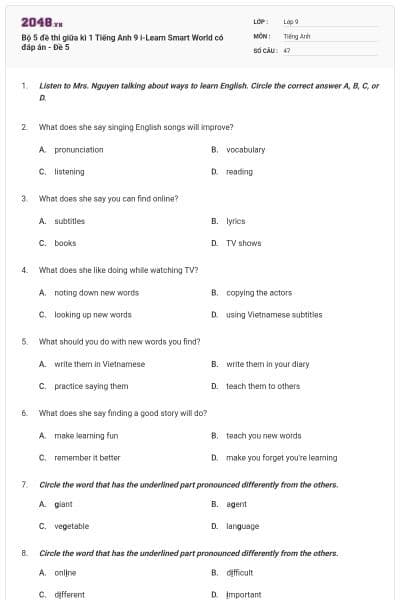 Bộ 5 đề thi giữa kì 1 Tiếng Anh 9 i-Learn Smart World có đáp án - Đề 5