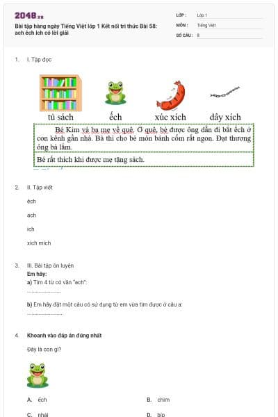 Bài tập hàng ngày Tiếng Việt lớp 1 Kết nối tri thức Bài 58: ach êch ich có lời giải