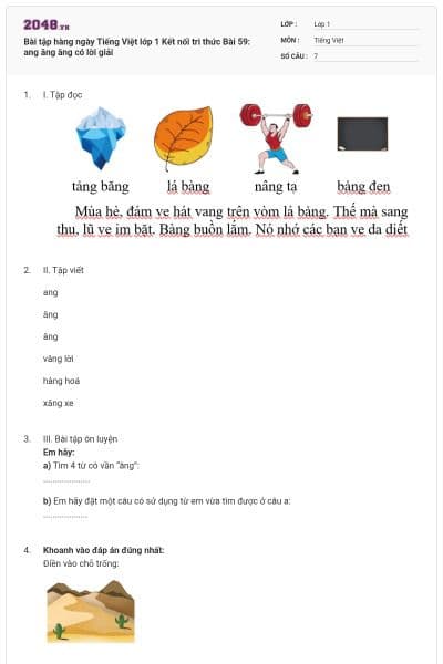 Bài tập hàng ngày Tiếng Việt lớp 1 Kết nối tri thức Bài 59: ang ăng âng có lời giải