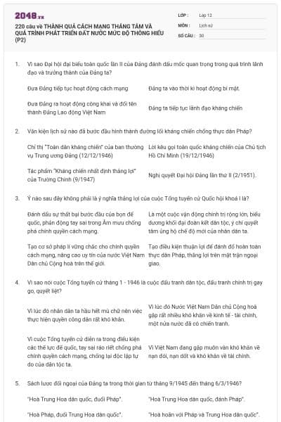 220 câu về THÀNH QUẢ CÁCH MẠNG THÁNG TÁM VÀ QUÁ TRÌNH PHÁT TRIỂN ĐẤT NƯỚC MỨC ĐỘ THÔNG HIỂU (P2)