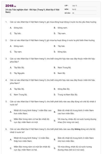 24 câu Trắc nghiệm Alat - Khí hậu (Trang 9, Atlat Địa lí Việt Nam)