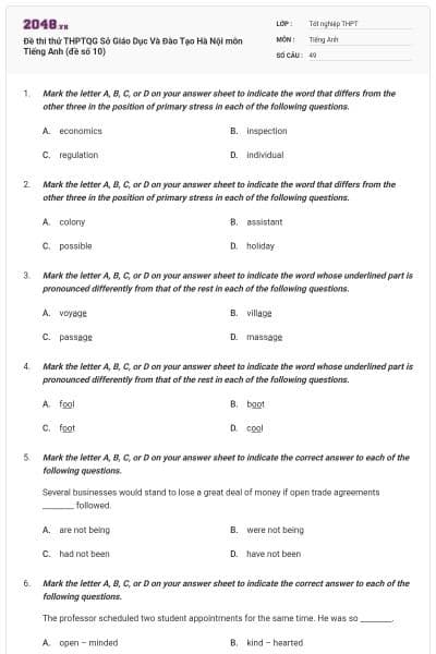Đề thi thử THPTQG Sở Giáo Dục Và Đào Tạo Hà Nội môn Tiếng Anh (đề số 10)