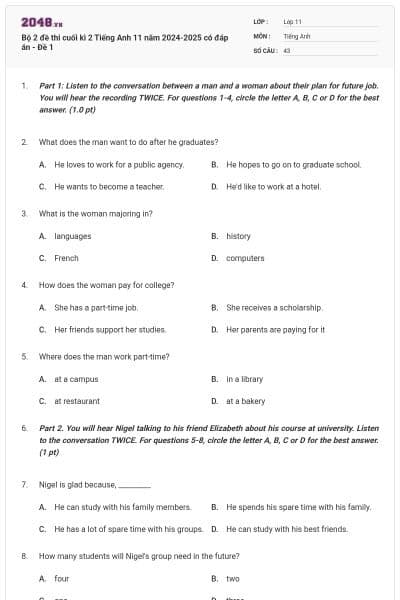 Bộ 2 đề thi cuối kì 2 Tiếng Anh 11 năm 2024-2025 có đáp án - Đề 1