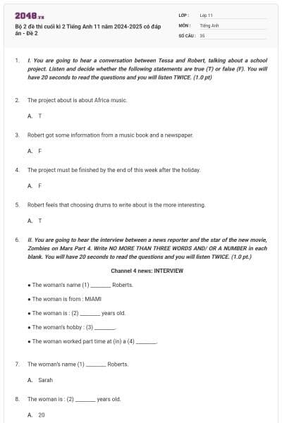 Bộ 2 đề thi cuối kì 2 Tiếng Anh 11 năm 2024-2025 có đáp án - Đề 2