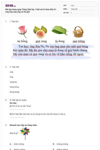 Bài tập hàng ngày Tiếng Việt lớp 1 Kết nối tri thức Bài 61: ong ông ung ưng có lời giải