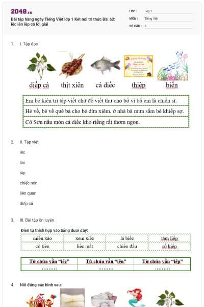 Bài tập hàng ngày Tiếng Việt lớp 1 Kết nối tri thức Bài 62: iêc iên iêp có lời giải