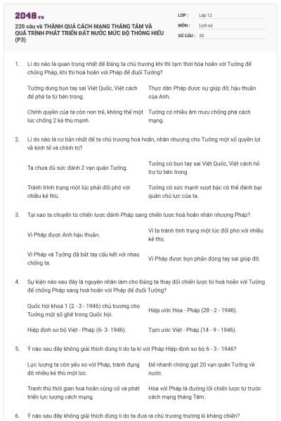 220 câu về THÀNH QUẢ CÁCH MẠNG THÁNG TÁM VÀ QUÁ TRÌNH PHÁT TRIỂN ĐẤT NƯỚC MỨC ĐỘ THÔNG HIỂU (P3)