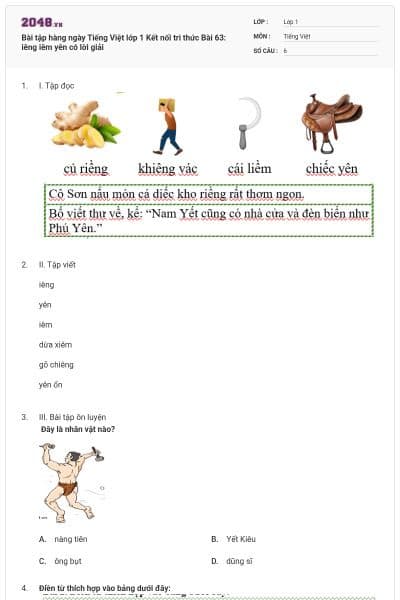 Bài tập hàng ngày Tiếng Việt lớp 1 Kết nối tri thức Bài 63: iêng iêm yên có lời giải