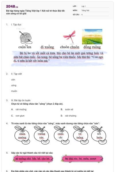 Bài tập hàng ngày Tiếng Việt lớp 1 Kết nối tri thức Bài 68: uôn uông có lời giải