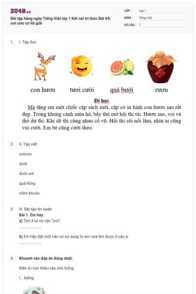 Bài tập hàng ngày Tiếng Việt lớp 1 Kết nối tri thức Bài 69: ươi ươu có lời giải