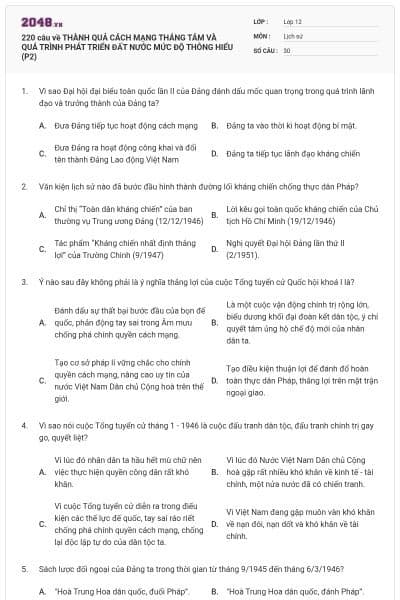 220 câu về THÀNH QUẢ CÁCH MẠNG THÁNG TÁM VÀ QUÁ TRÌNH PHÁT TRIỂN ĐẤT NƯỚC MỨC ĐỘ THÔNG HIỂU (P2)