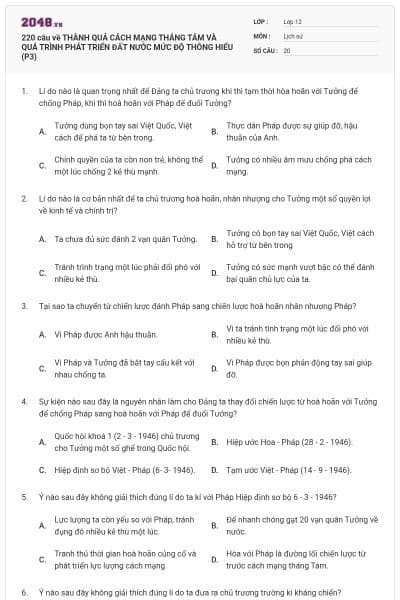 220 câu về THÀNH QUẢ CÁCH MẠNG THÁNG TÁM VÀ QUÁ TRÌNH PHÁT TRIỂN ĐẤT NƯỚC MỨC ĐỘ THÔNG HIỂU (P3)