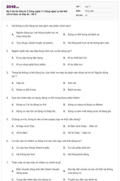 Bộ 5 đề thi Giữa kì 2 Công nghệ 11 Công nghệ cơ khí Kết nối tri thức có đáp án - Đề 5