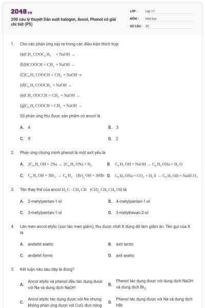 200 câu lý thuyết Dẫn xuất halogen, Ancol, Phenol có giải chi tiết (P5)