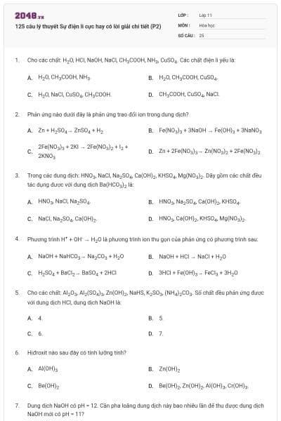 125 câu lý thuyết Sự điện li cực hay có lời giải chi tiết (P2)