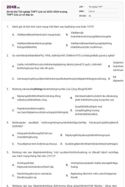 Đề thi thử Tốt nghiệp THPT Lịch sử 2025-2026 trường THPT Cửa Lò có đáp án