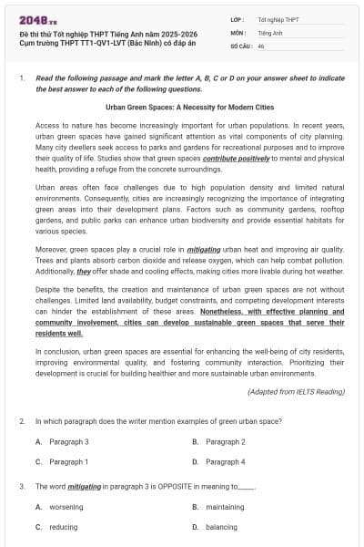 Đề thi thử Tốt nghiệp THPT Tiếng Anh năm 2025-2026 Cụm trường THPT TT1-QV1-LVT (Bắc Ninh) có đáp án