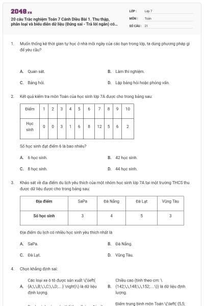20 câu Trắc nghiệm Toán 7 Cánh Diều Bài 1. Thu thập, phân loại và biểu diễn dữ liệu (Đúng sai - Trả lời ngắn) có đáp án