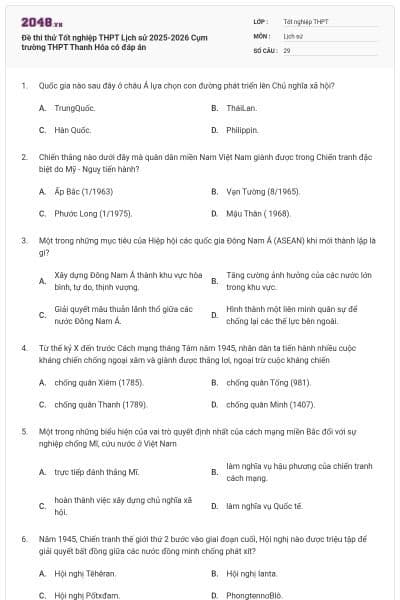 Đề thi thử Tốt nghiệp THPT Lịch sử 2025-2026 Cụm trường THPT Thanh Hóa có đáp án