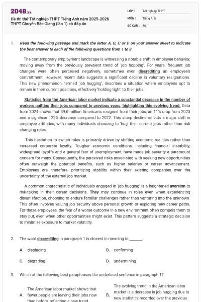 Đề thi thử Tốt nghiệp THPT Tiếng Anh năm 2025-2026 THPT Chuyên Bắc Giang (lần 1) có đáp án