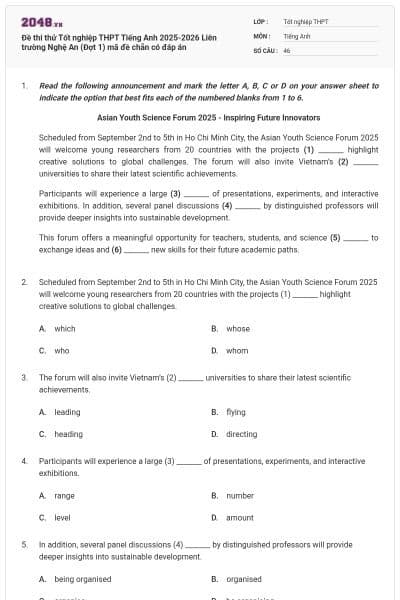 Đề thi thử Tốt nghiệp THPT Tiếng Anh 2025-2026 Liên trường Nghệ An (Đợt 1) mã đề chẵn có đáp án
