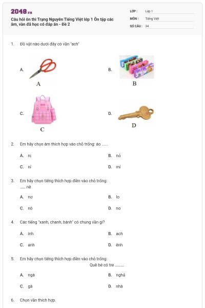 Câu hỏi ôn thi Trạng Nguyên Tiếng Việt lớp 1 Ôn tập các âm, vần đã học có đáp án - Đề 2