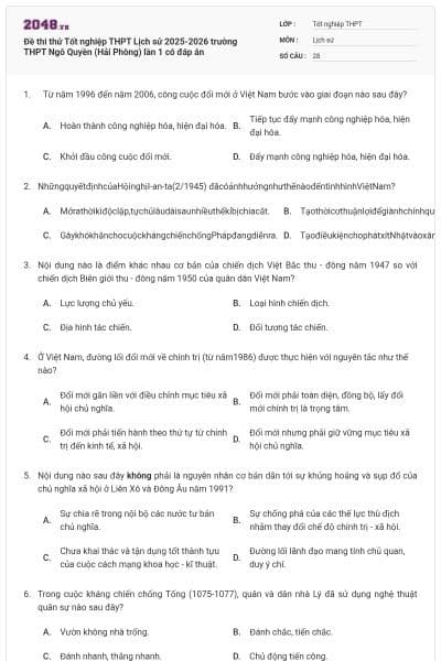 Đề thi thử Tốt nghiệp THPT Lịch sử 2025-2026 trường THPT Ngô Quyền (Hải Phòng) lần 1 có đáp án