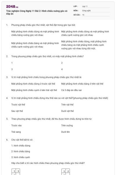 Trắc nghiệm Công Nghệ 11 Bài 2: Hình chiếu vuông góc có đáp án