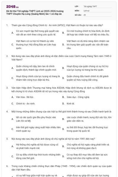 Đề thi thử Tốt nghiệp THPT Lịch sử 2025-2026 trường THPT Chuyên Hạ Long (Quảng Ninh) lần 1 có đáp án