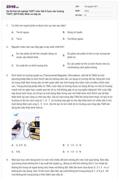 Đề thi thử tốt nghiệp THPT môn Vật lí Cụm các trường THPT, GDTX Bắc Ninh có đáp án